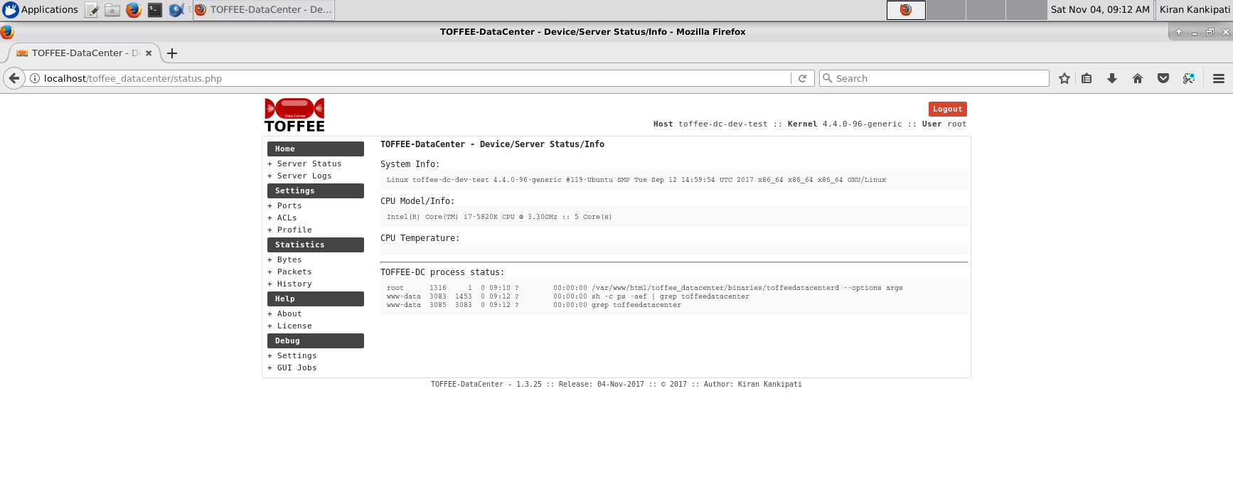 TOFFEE-DATACENTER WAN Optimization network stack - Server/Device Info/Status